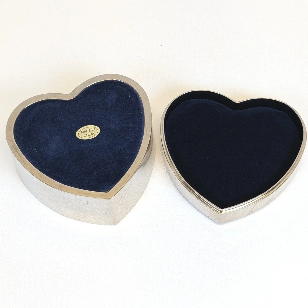 Heart Shaped Enamel Swirl Design Trinket Box Silver Toned with Navy Blue Liner